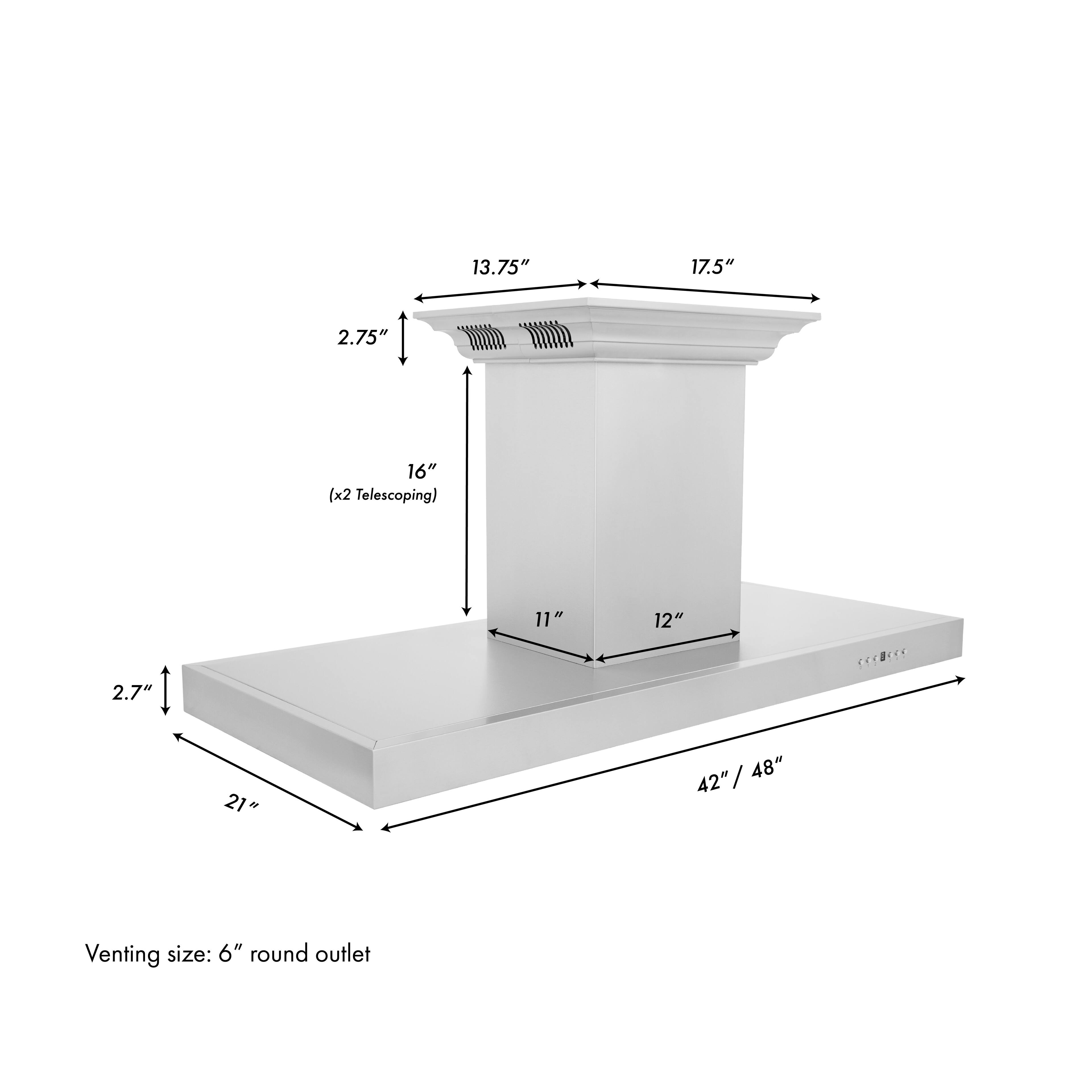 13.75" 17.5" 2.75" 16" (x2 Telescoping) 2.7" 11" 12" 21" 42"/48" / 48" 42" Venting size: 6" round outlet
