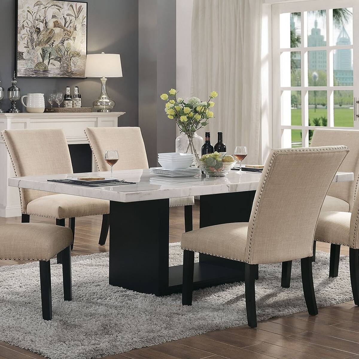 Loheer Genuine Marble Dining Table, White Rectangular Six Seater, Solid ...