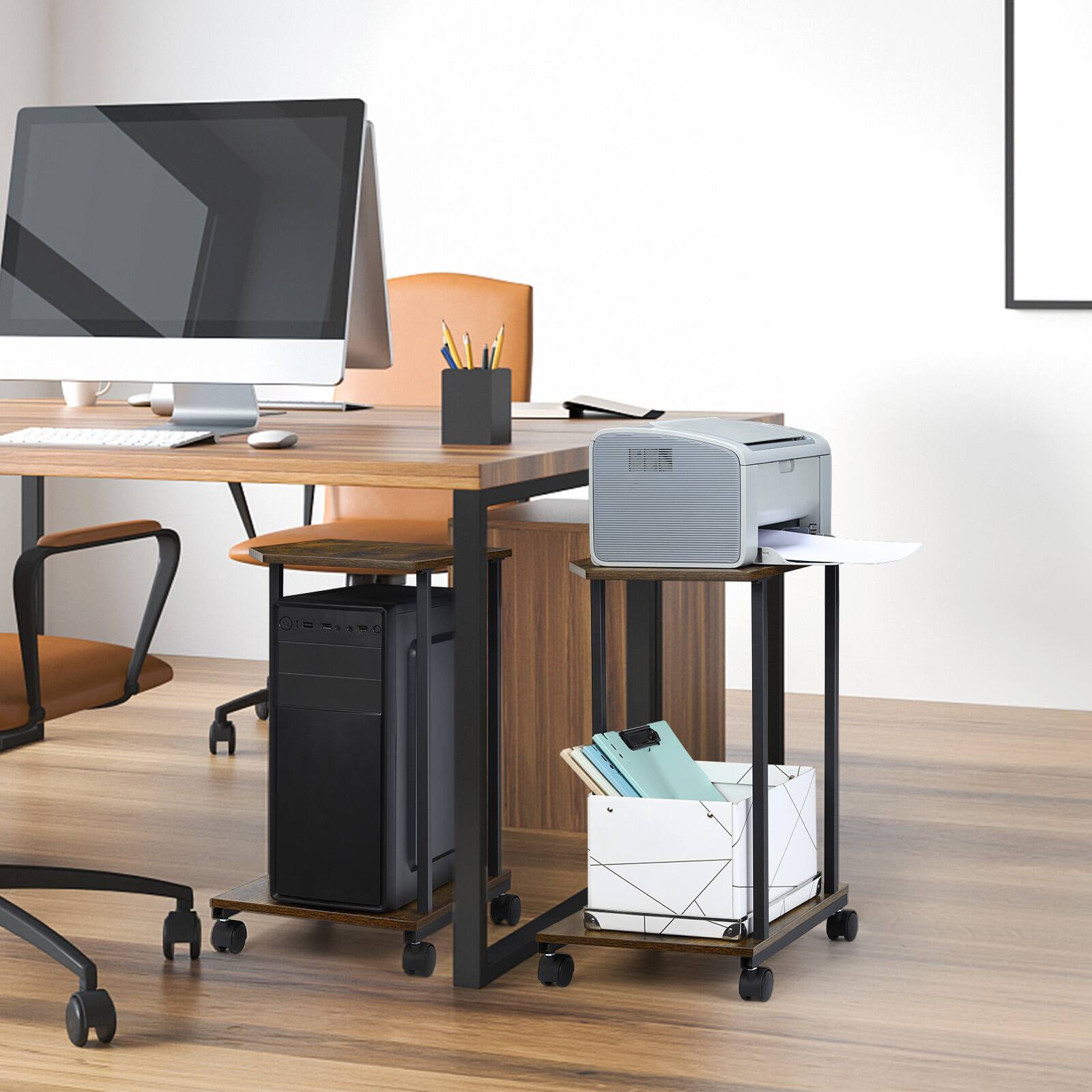 Alt View 2. Oumilen - Rustic Brown 2-Tier Rolling CPU Stand with Wheels - Brown.