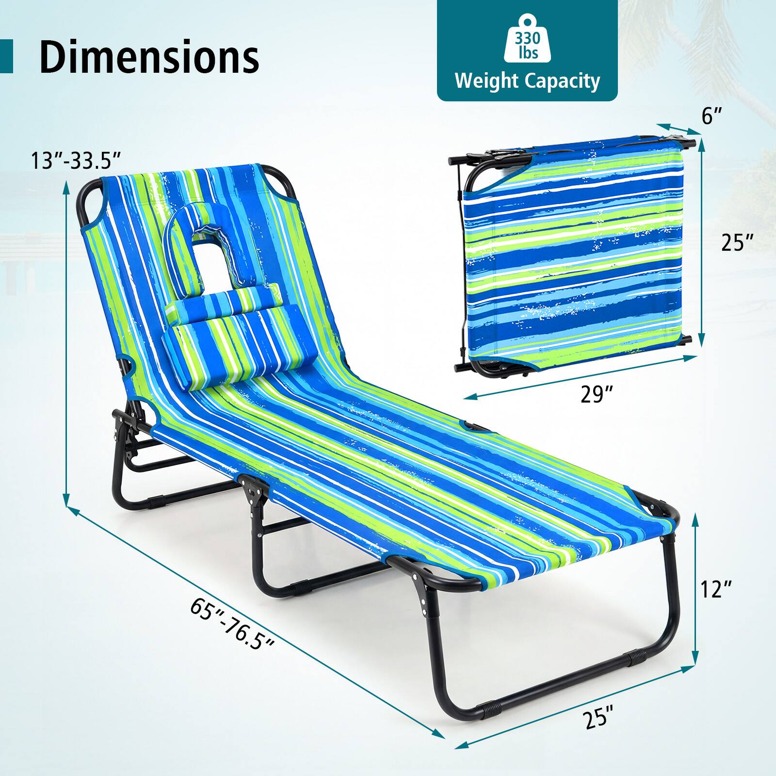 Dimensions:  
- 6"  
- 13"-33.5"  
- 25"  
- 29"  
- 65"-76.5"  
- 25"  
- 12"  

Weight Capacity: 330 lbs