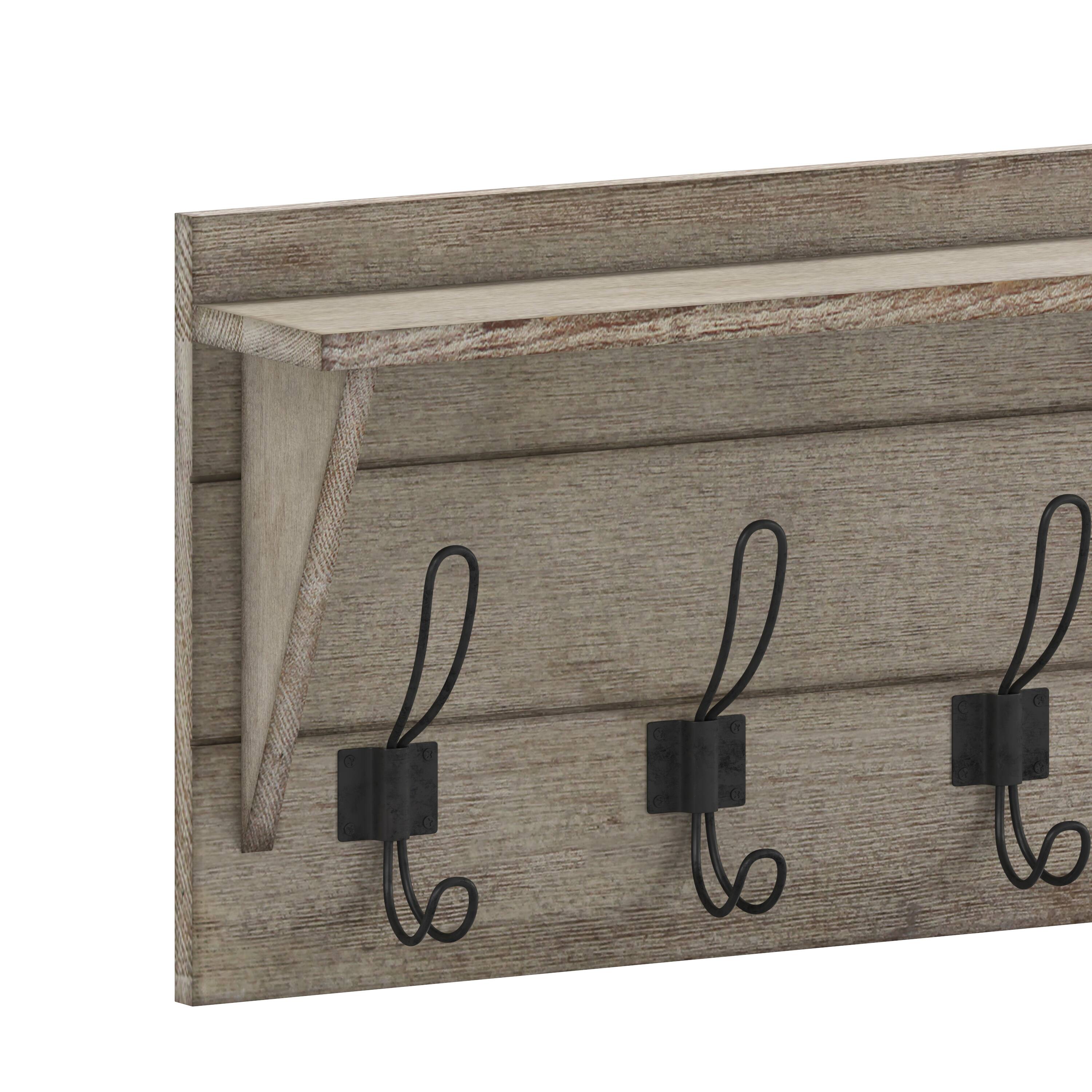 Alt View 10. Emma + Oliver - Alcott Rustic Country Wall Mounted Entryway Shelf with 5 Rustic Hooks and Wood Construction - Weathered Brown.
