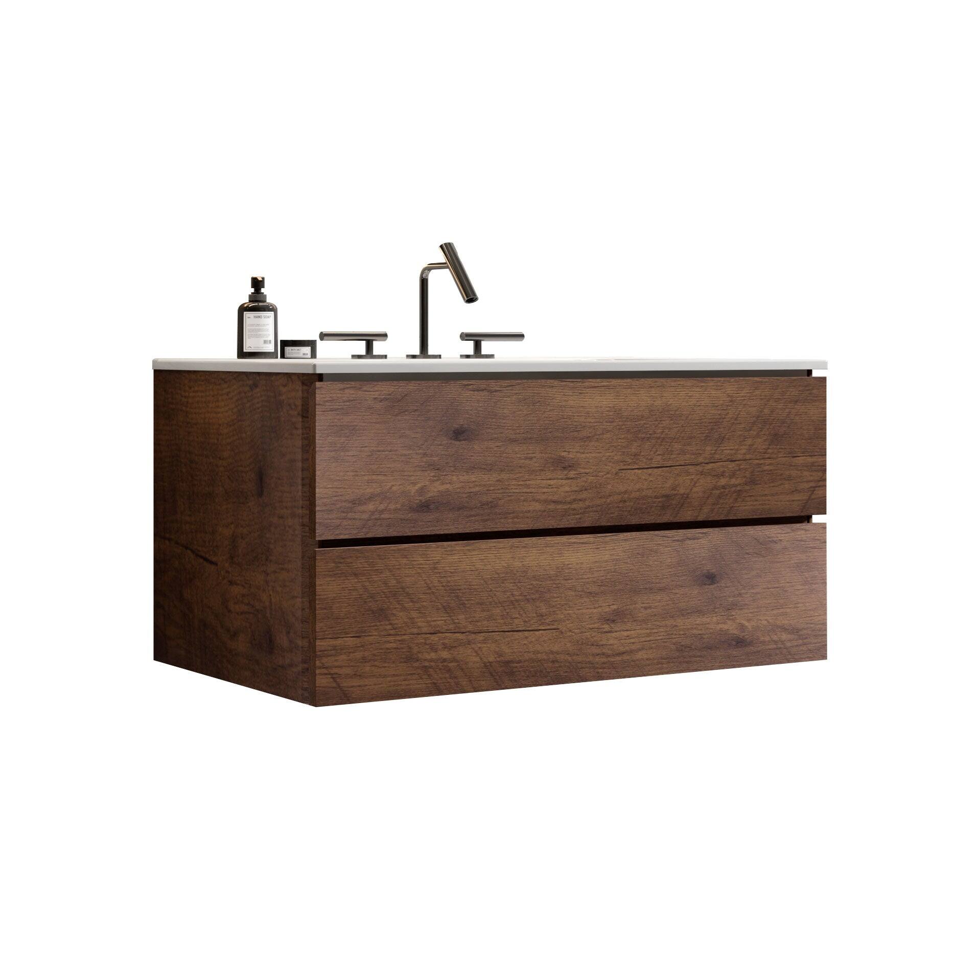 Alt View 2. Boyel Living - 36 Inch Wall Mount Walnut Bathroom Vanity with Ceramic Sink, Large Storage, Floating Design, Pre-Assembled - White+Walnut.