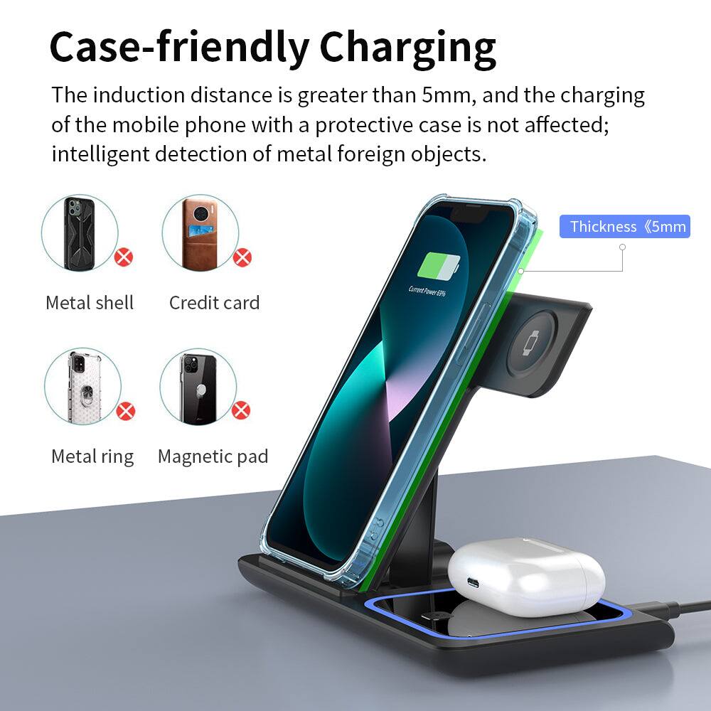 Case-friendly Charging

The induction distance is greater than 5mm, and the charging of the mobile phone with a protective case is not affected; intelligent detection of metal foreign objects.

- Metal shell
- Credit card
- Metal ring
- Magnetic pad

Thickness <5mm