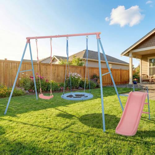 Left. Loheer - 10.83 ft Kids Swing Set with Slide and Two Swings - Blue+Pink.