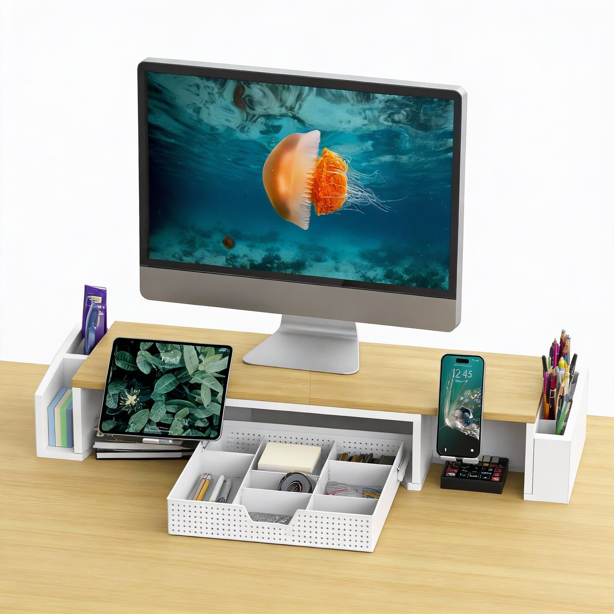 Alt View 1. Frangdom - Dual Monitor Stand Riser with Drawer - Oak.