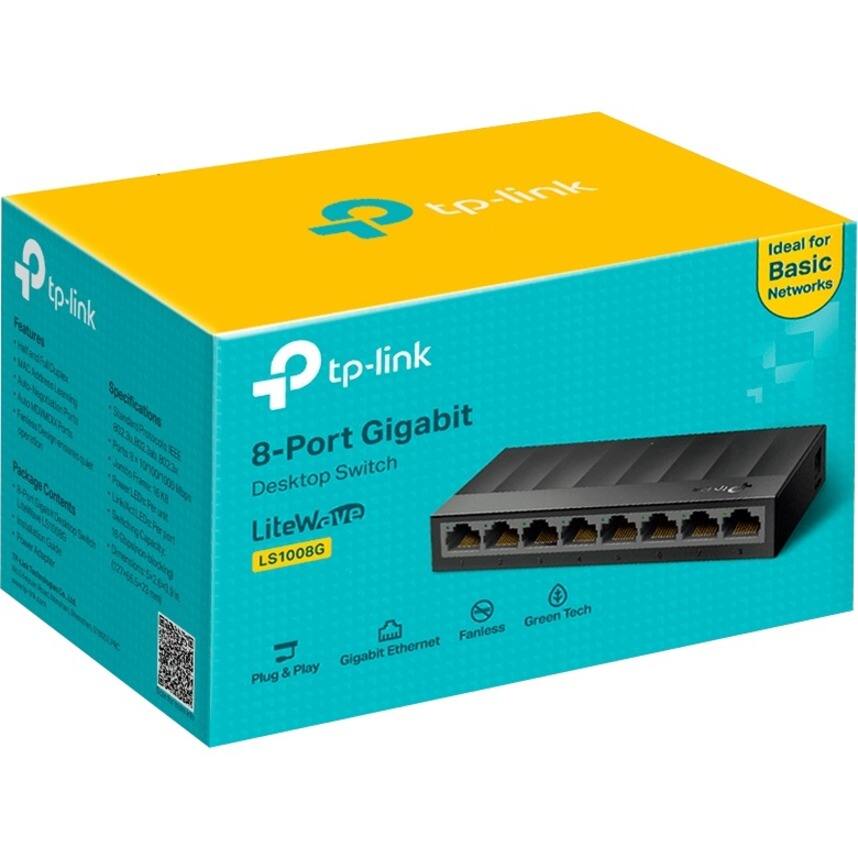tp-link  
8-Port Gigabit Desktop Switch  
LiteWave LS1008G  

Ideal for Basic Networks  

Features:  
- MAC Address Learning  
- Auto-Negotiation  
- Auto-MDIX  
- Plug & Play  

Specifications:  
- 8 Gigabit Ethernet Ports  
- Fanless Design  
- Green Tech  

Package Contents:  
- 8-Port Gigabit Switch  
- Quick Installation Guide  
- Power Adapter  

Plug & Play  
Gigabit Ethernet  
Fanless  
Green Tech