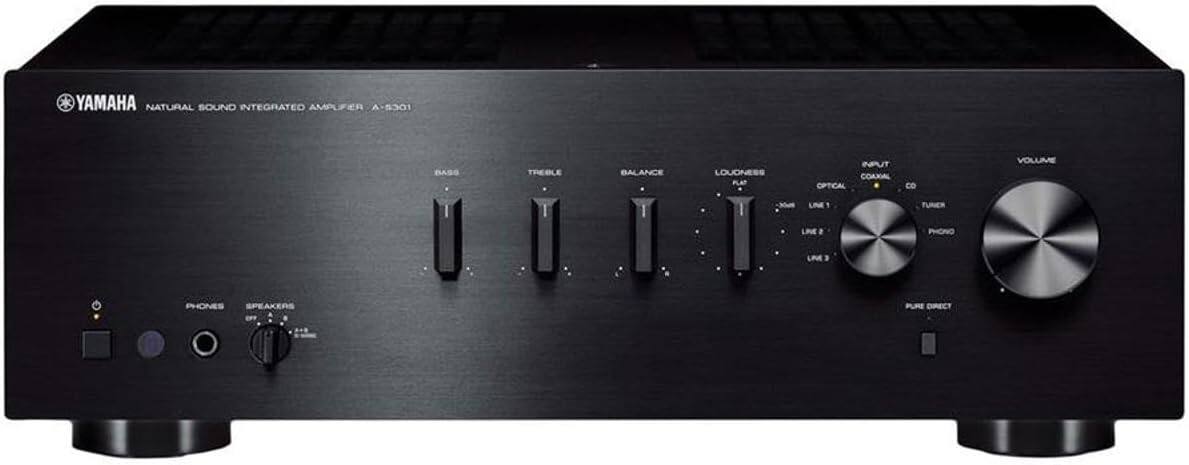 YAMAHA NATURAL SOUND INTEGRATED AMPUFER A-5301 BASS TREBLE BALANCE LOUDNESS PLAY INPUT COAXIAL OPTICAL CD VOLUME PHONO TUNER LINE 1 LINE 2 PHONO SPEAKERS PURE DIRECT