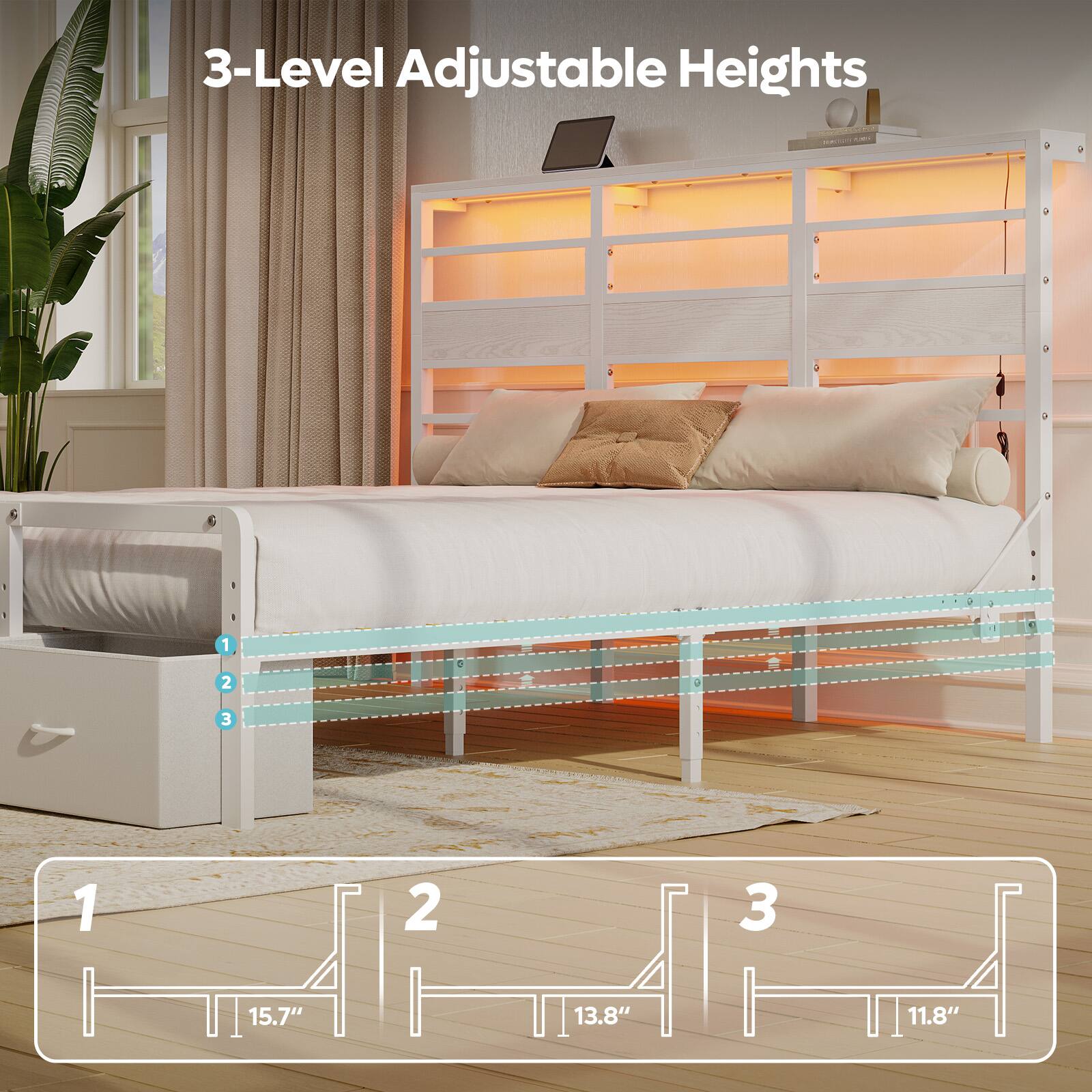 3-Level Adjustable Heights - 1 - 15.7" - 2 - 13.8" - 3 - 11.8"