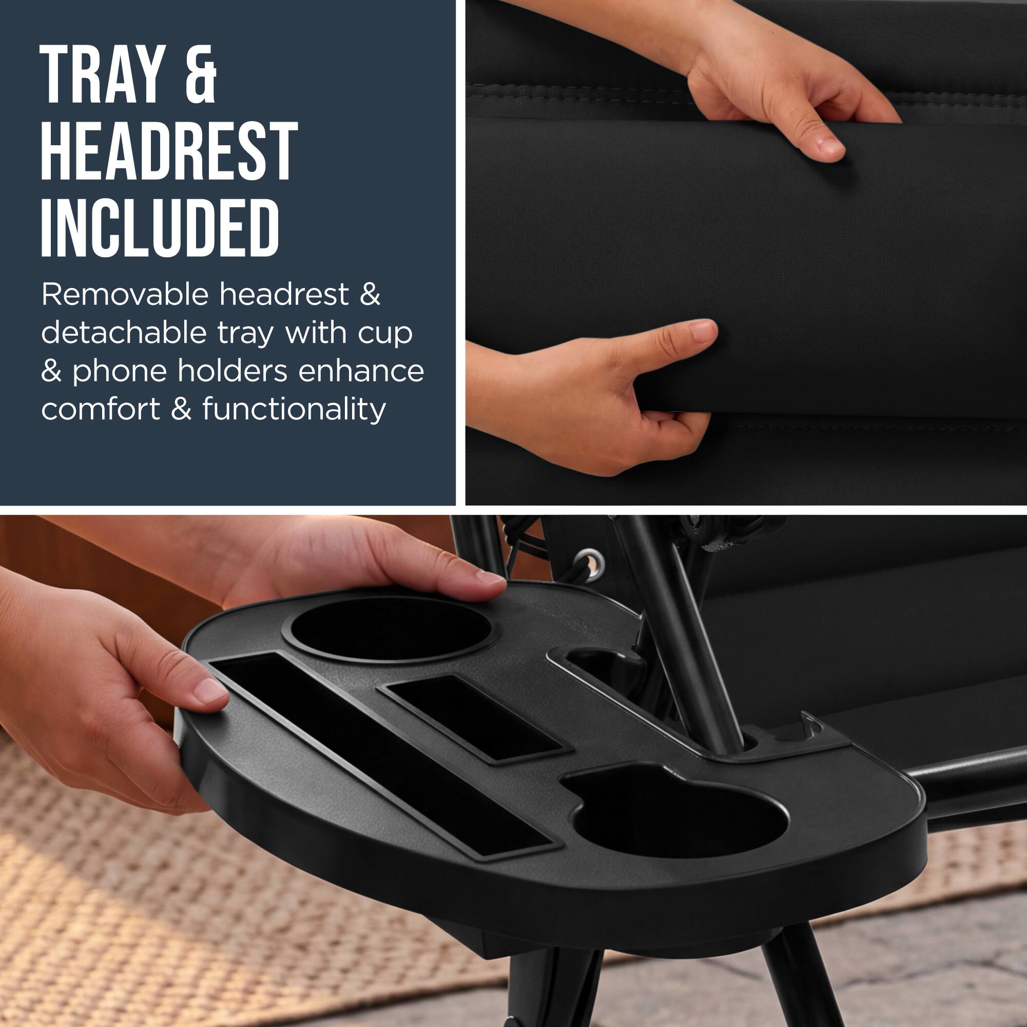 TRAY & HEADREST INCLUDED

Removable headrest & detachable tray with cup & phone holders enhance comfort & functionality