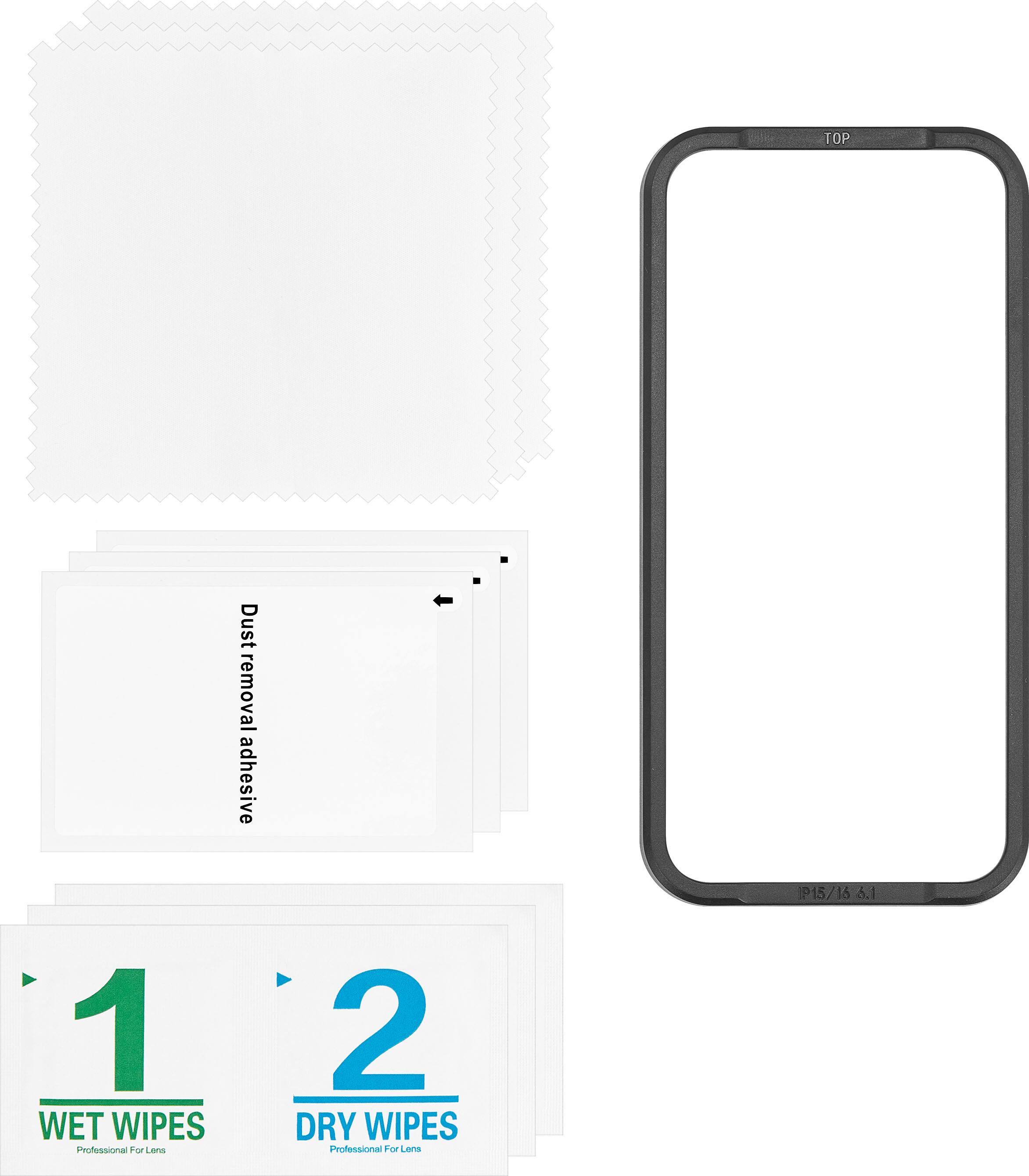 The image shows a collection of different items, including a cell phone, a wet wipe, and a dry wipe. The wet wipe is labeled as a professional lens cleaner, while the dry wipe is also labeled as a professional lens cleaner. The cell phone is placed next to these items, suggesting that it may be used for photography or other purposes that require lens cleaning. The image also includes a case for the cell phone, which is placed near the other items.