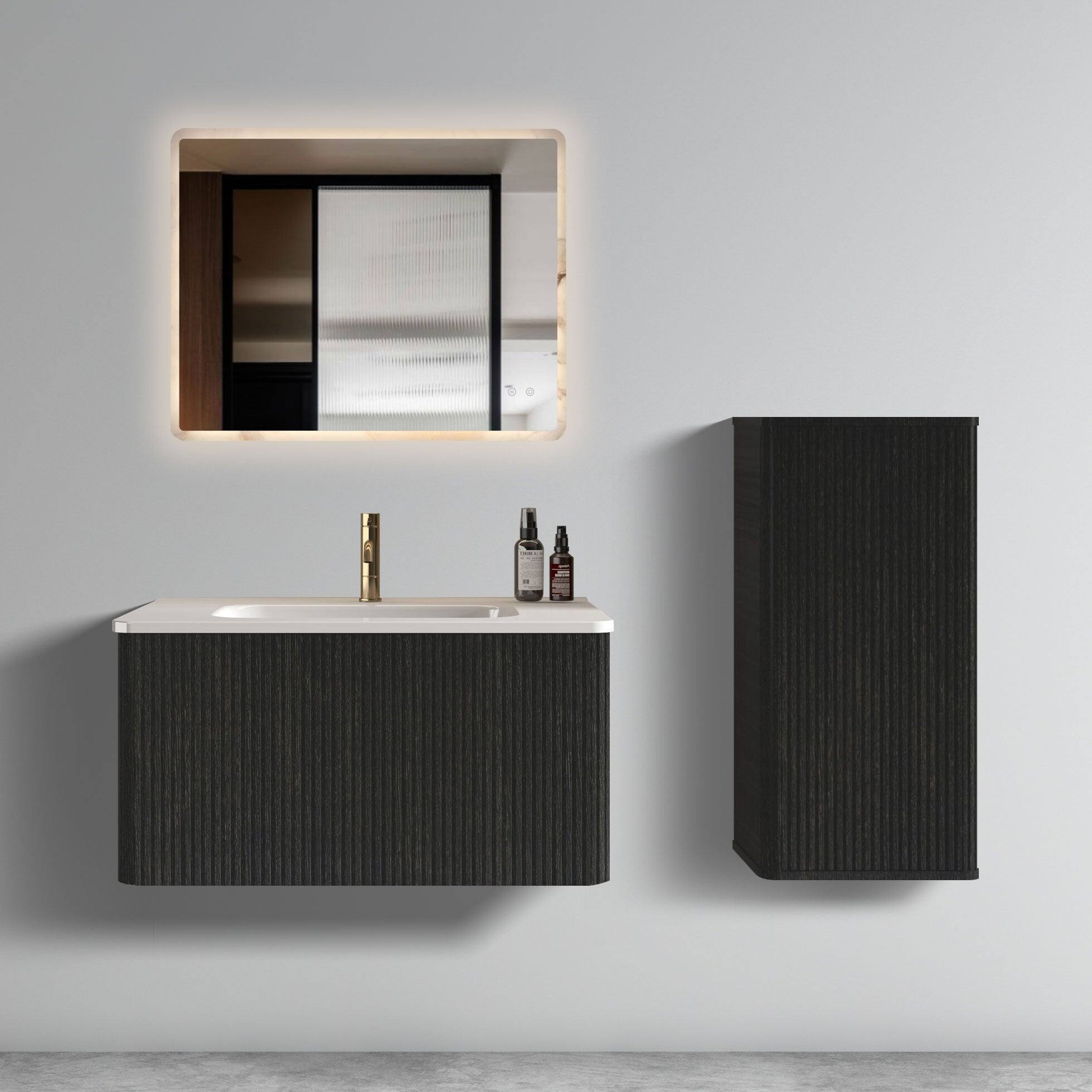 Alt View 4. Boyel Living - 30 Inch Striped Brushed Black Oak Floating Bathroom Vanity with White Ceramic Sink, One-Piece Basin, Pre-Assembled - Black.