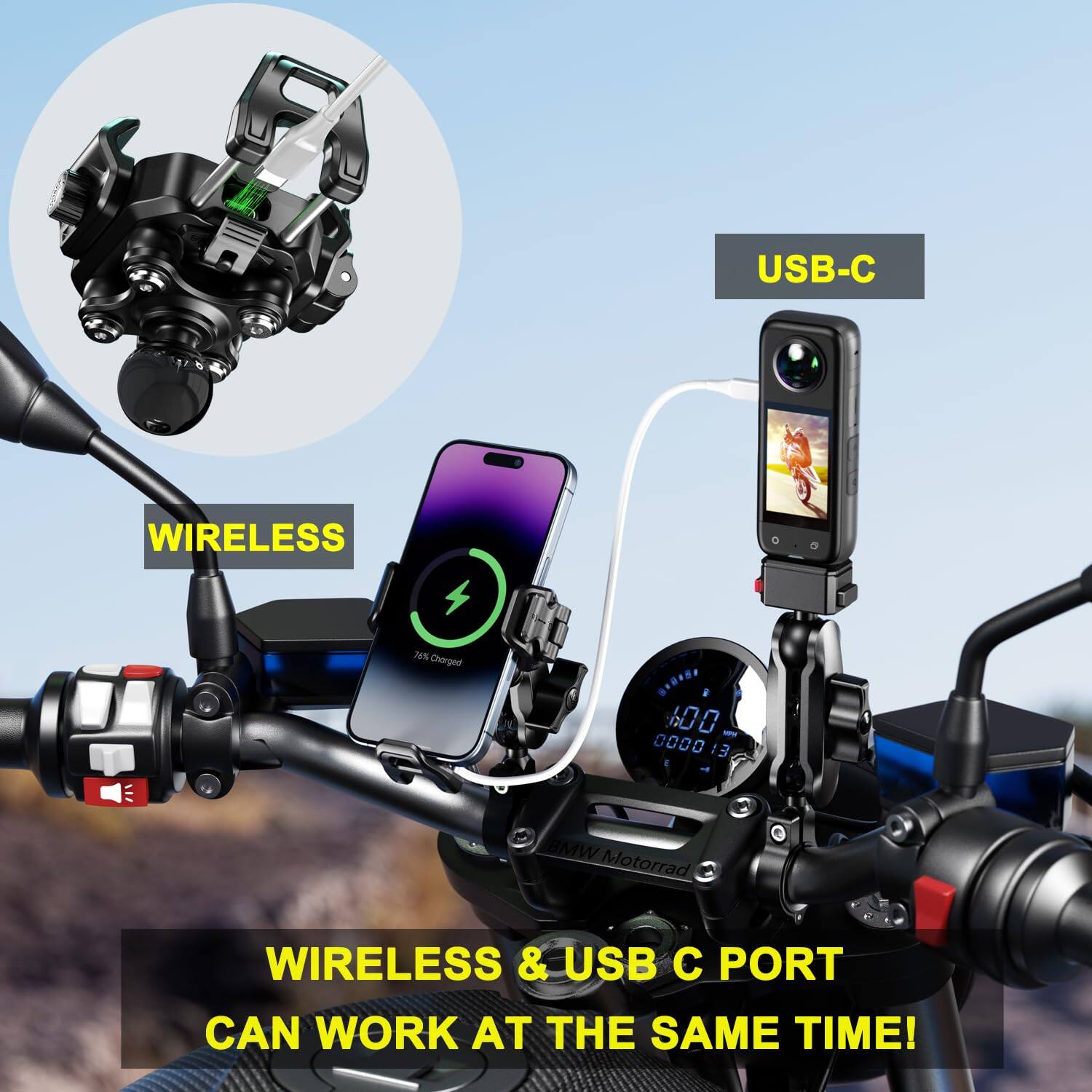 USB-C WIRELESS N Charged

BMW Motorrad

WIRELESS & USB C PORT CAN WORK AT THE SAME TIME!