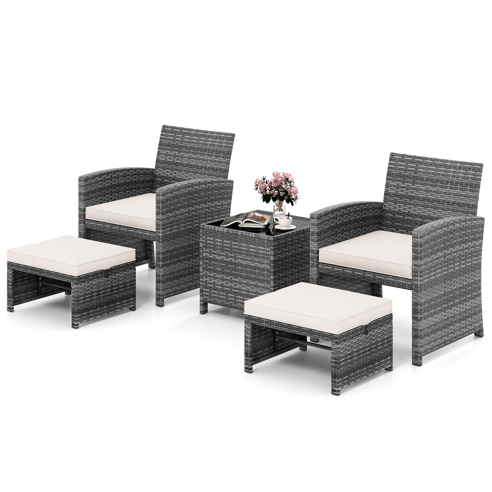 Alt View 4. Gymax - Gymax 5 Pieces Patio Furniture Set PE Wicker Lounge Chairs w/ 2 Ottomans White  Outdoor - White.