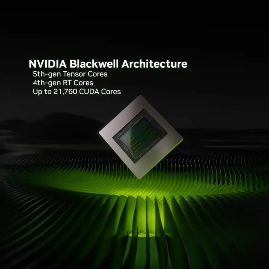 NVIDIA Blackwell Architecture: 5th-gen Tensor Cores, 4th-gen RT Cores, Up to 21,760 CUDA Cores.