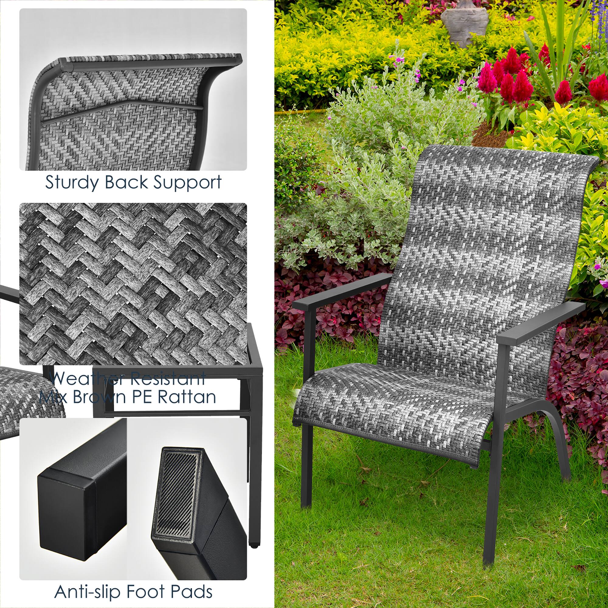 Sturdy Back Support

Weather Resistant Mix Brown PE Rattan

Anti-slip Foot Pads