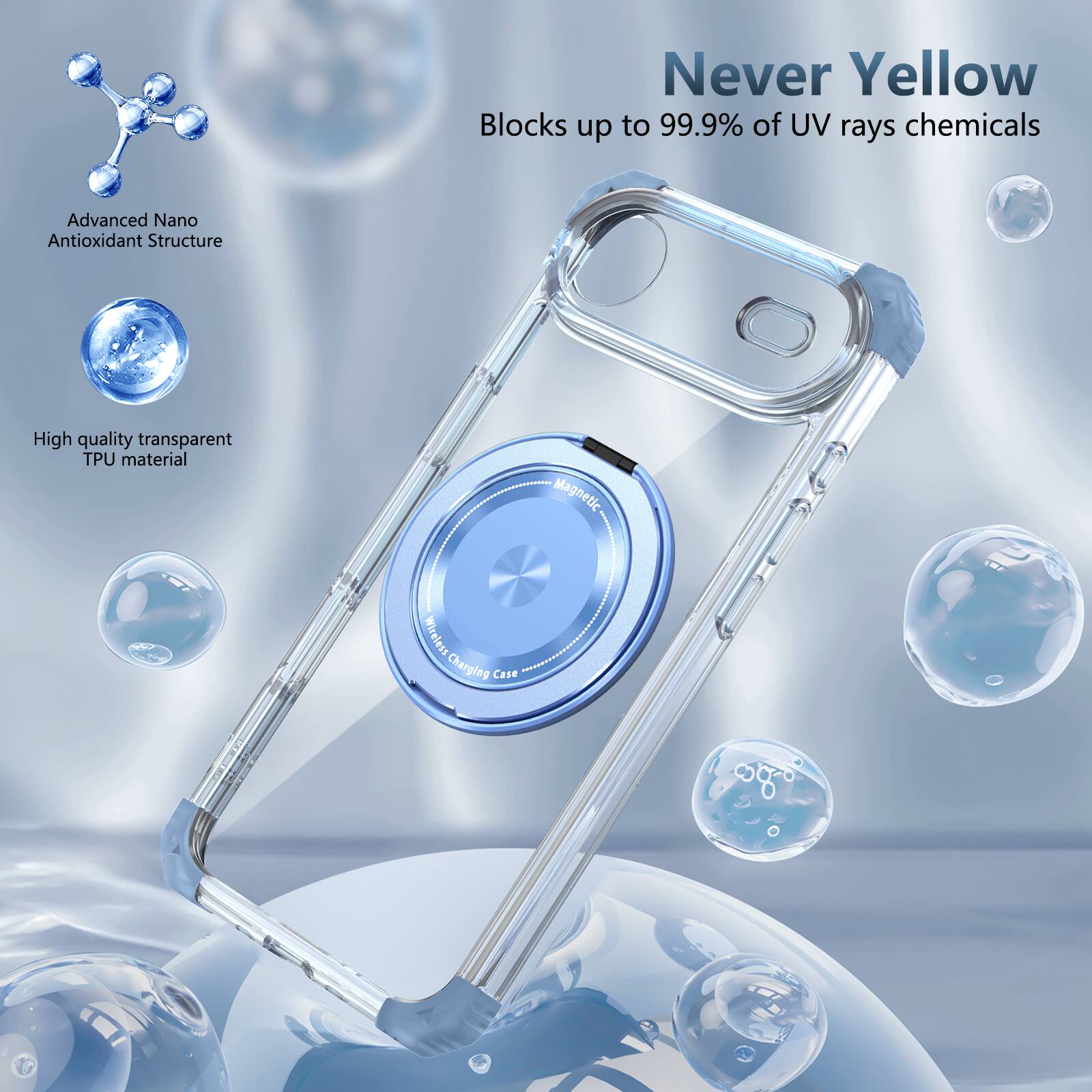 Never Yellow  
Blocks up to 99.9% of UV rays chemicals  
Advanced Nano Antioxidant Structure  
High quality transparent TPU material  
Magnetic Wireless Charging Case
