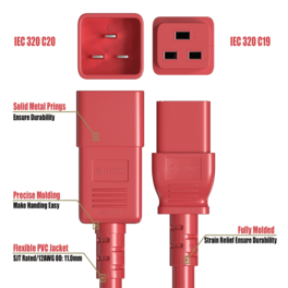 Sanoxy - Cables and Adapters; 8ft 12 AWG 20A 250V Heavy Duty Power Cord (IEC320 C20 to IEC320 C19) - Red