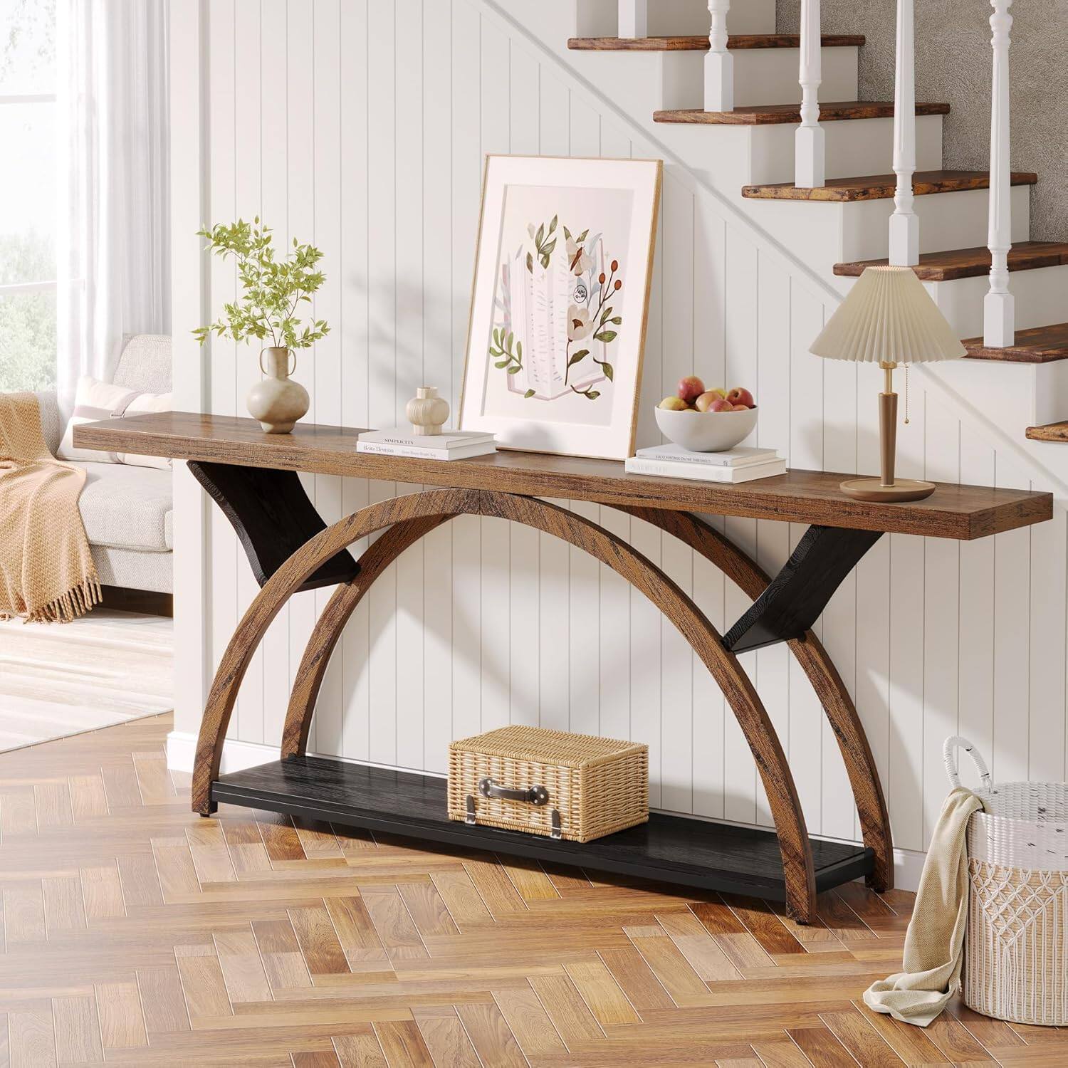 Front. TinyHomie - 70.87in Console Table with Storage Shelf Narrow Long Sofa Table Behind Couch Table 2-Tier Table with Half Moon Frame - Brown and Black.