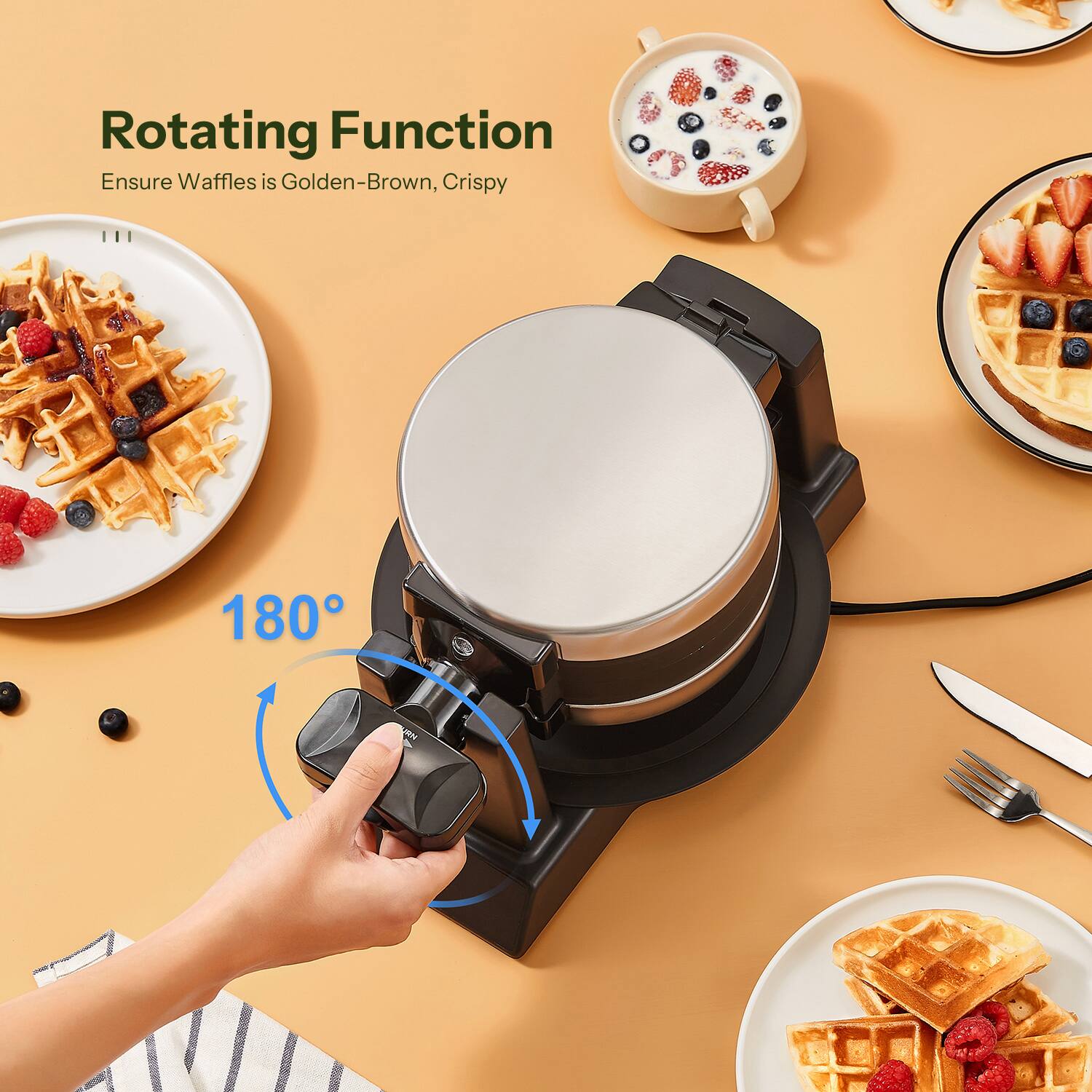 Rotating Function  
Ensure Waffles is Golden-Brown, Crispy  

180°