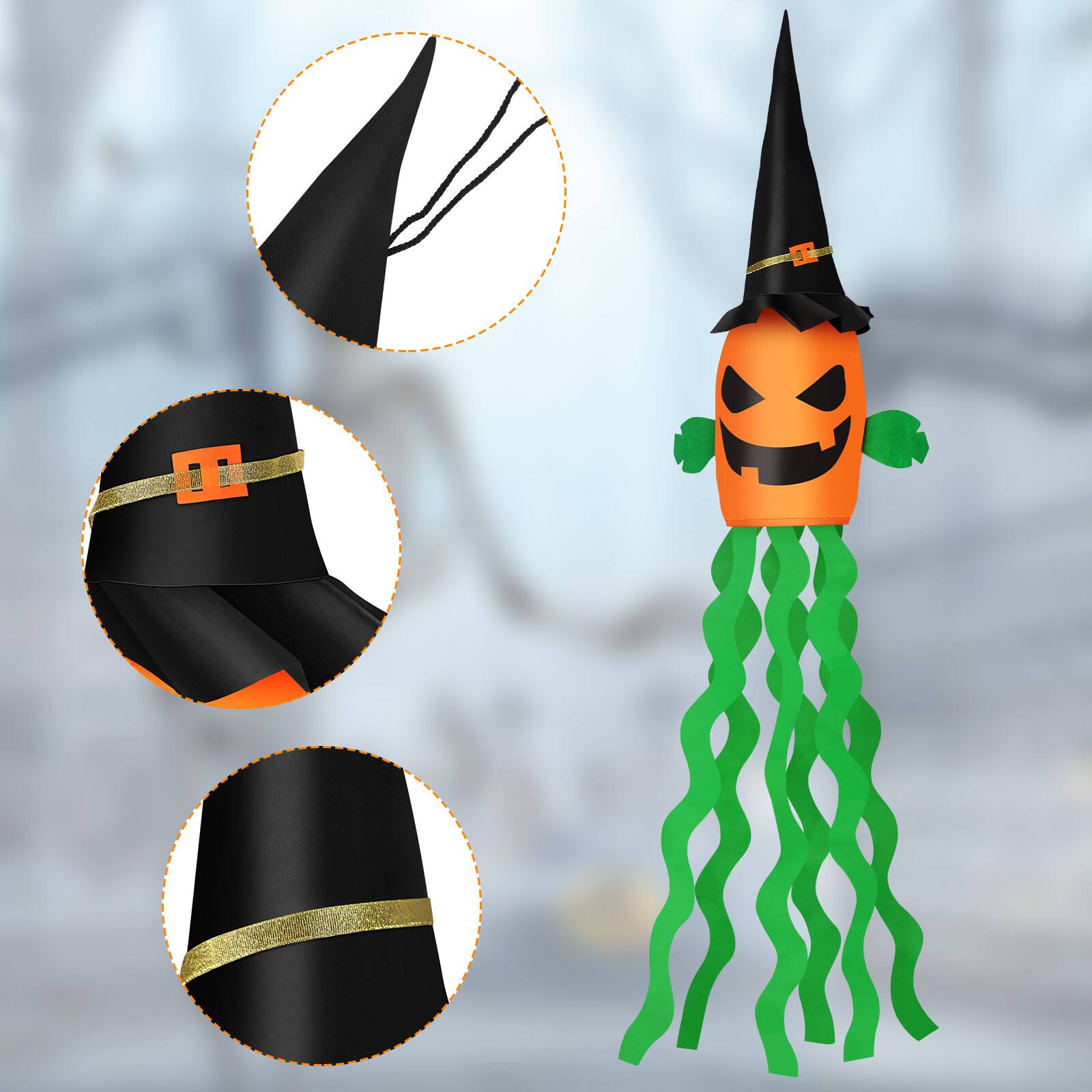 Left. Oumilen - 2-Pack 53 Inch Lighted Halloween Pumpkin Windsock, Warm White LED Jack-O-Lantern Hanging Flag for Porch Yard Decor - Orange.