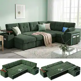 Dyonery - 7-Seat Modular Sectional Sleeper Sofa with Pull-Out Bed, Reclining Backrest, USB Ports, Table, LED Lights,Green - Green