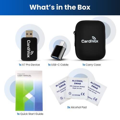 CardiVox, 1x X7 Pro Device, 1x USB-C Cable, 1x Carry Case, USER MANUAL, 3x Alcohol Pad, 1x Quick Start Guide
