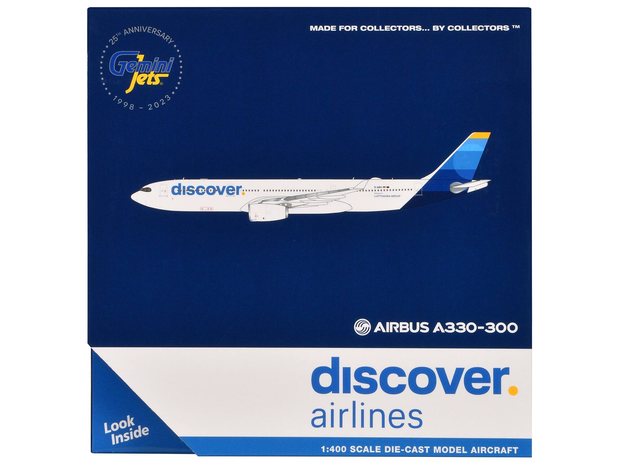 25th Anniversary  
Gemini Jets  
1998 - 2023  

MADE FOR COLLECTORS... BY COLLECTORS™  

AIRBUS A330-300  

discover airlines  
1:400 SCALE DIE-CAST MODEL AIRCRAFT  

Look Inside