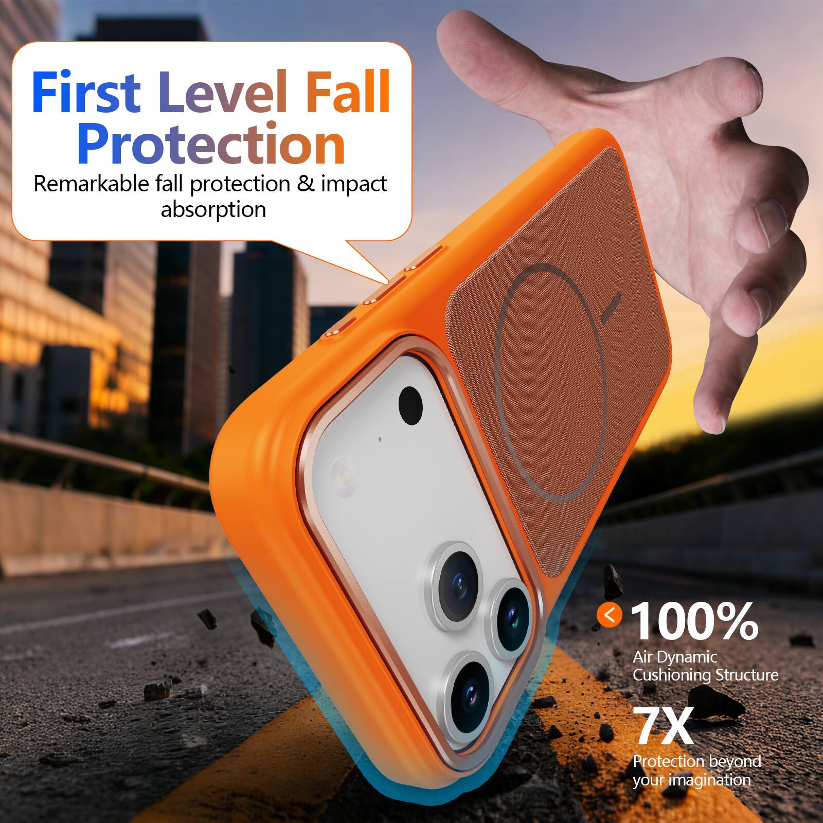 First Level Fall Protection  
Remarkable fall protection & impact absorption  

100% Air Dynamic Cushioning Structure  
7X Protection beyond your imagination