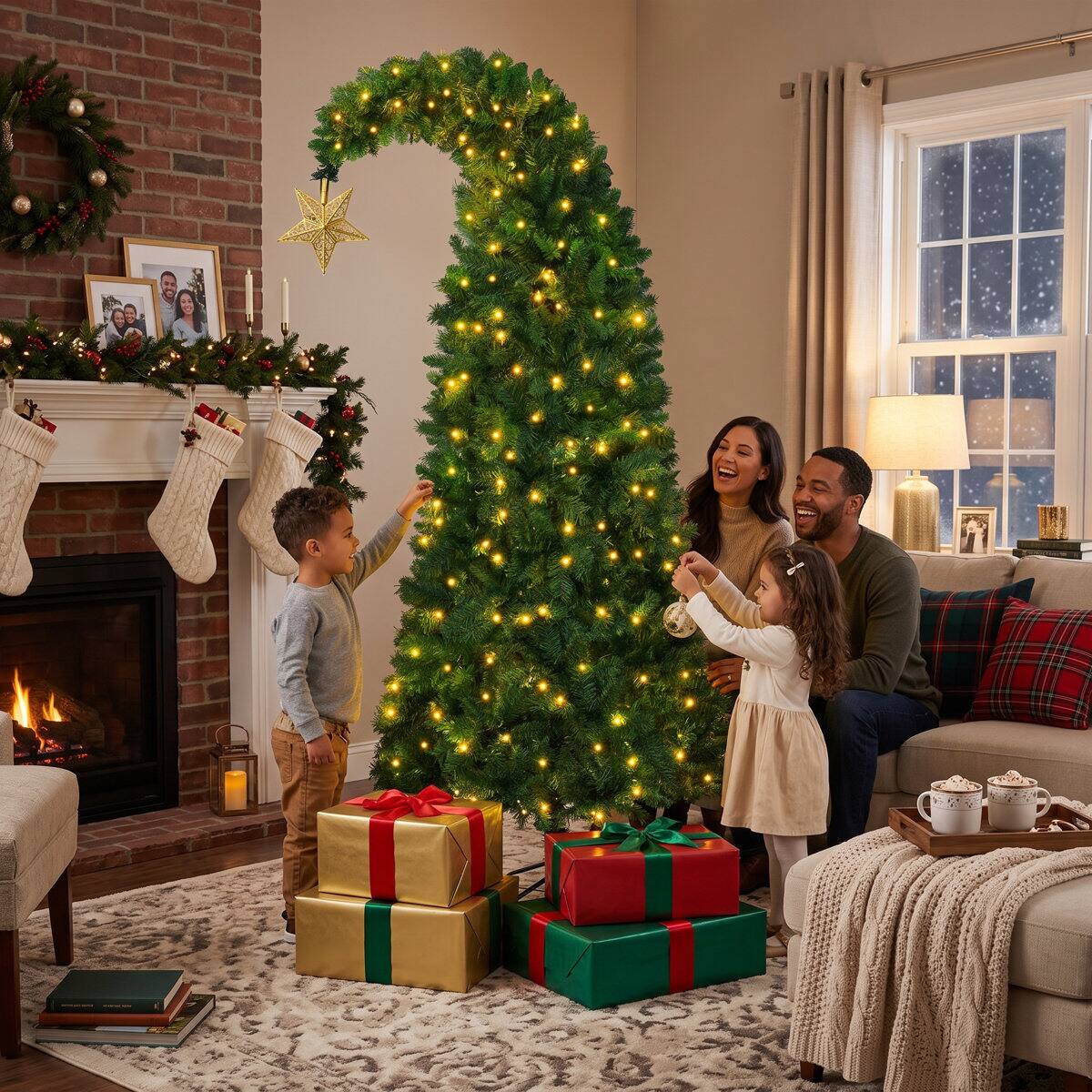 Left. Wisairt - 6FT Pre-Lit Crooked Neck Christmas Tree, 733 Tips Full Green Pine with 250 LED 11 Modes and Gold Star - Green.