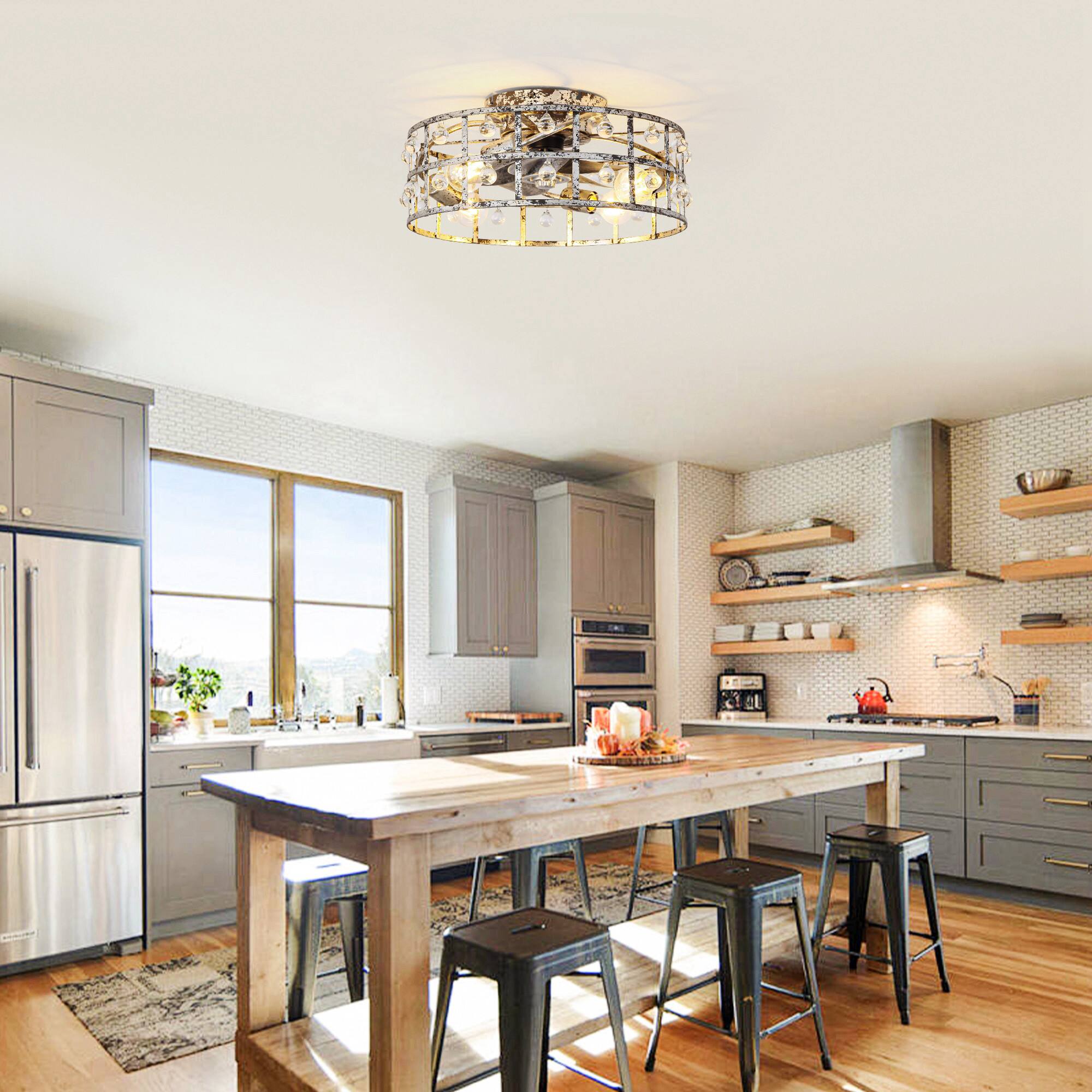 Angle. Parrot Uncle - 17.7 in. Caged LOW Profile Smart Ceiling Fan with Light and Remote and APP Control - Distressed Silver.