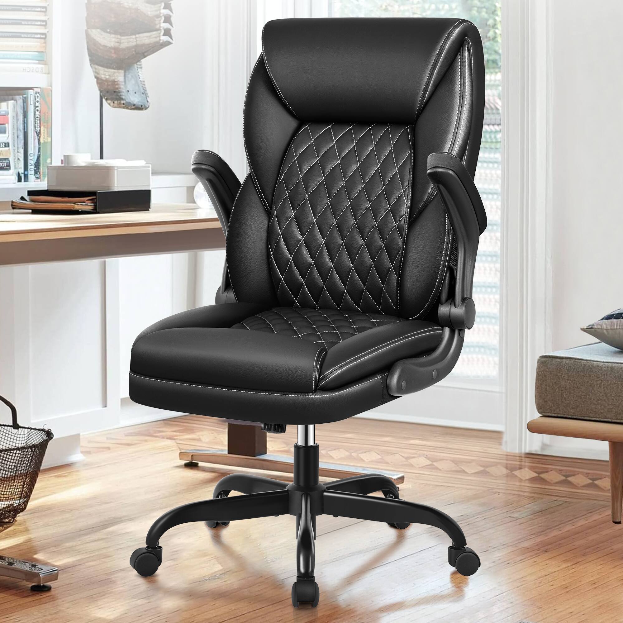 Brick Attic - Ergonomic PU Leather Office Chair with Flip Up Armrests,High Back Home Office Computer Chair Height Adjustable - Gray