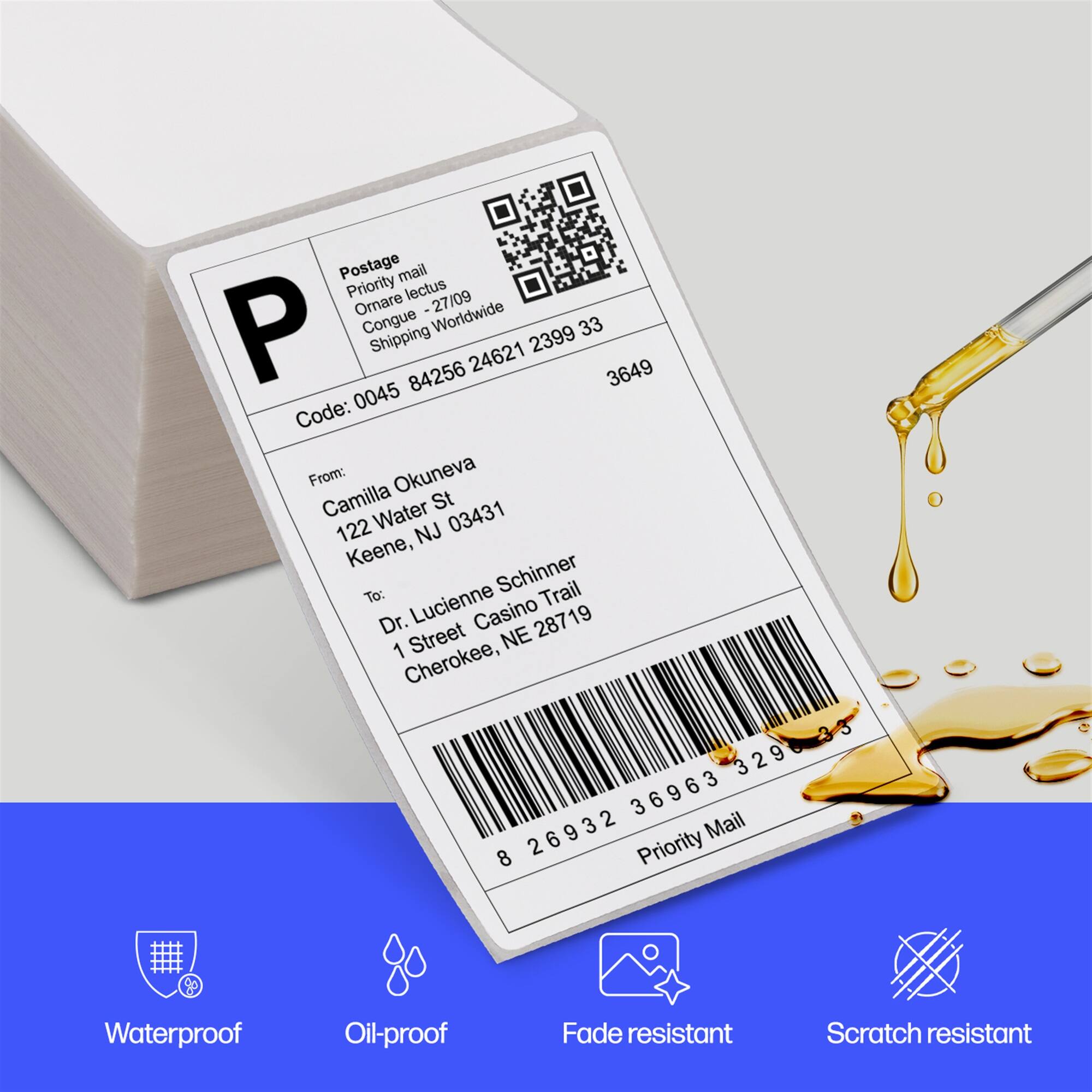 Postage: Priority mail
Ornare: 27/09
Congue: P
Shipping: Worldwide
Code: 0045 84256 24621 2399 3649
From: Camilla Okuneva
Water St 122
Keene, NJ 03431
To: Dr. Lucienne Schinner
Trail 1 Street NE
Cherokee, NE 28719
Barcode: 8 26932 36963 329
Mail: Priority
Waterproof
Oil-proof
Fade resistant
Scratch resistant