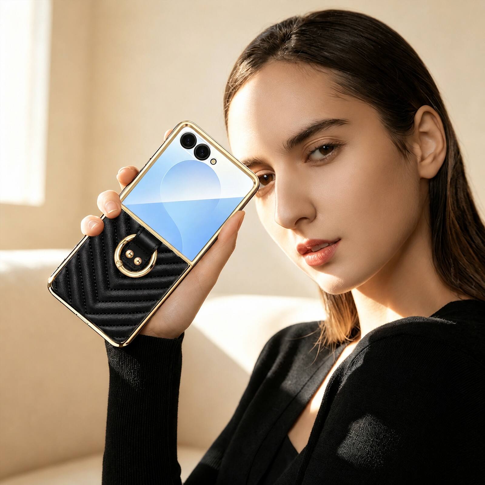 Left. Dteck - Shockproof Case for Samsung Galaxy Z Flip8 with Ring, Electroplated Frame Leather Texture Cover Built in Screen Glass - Black.