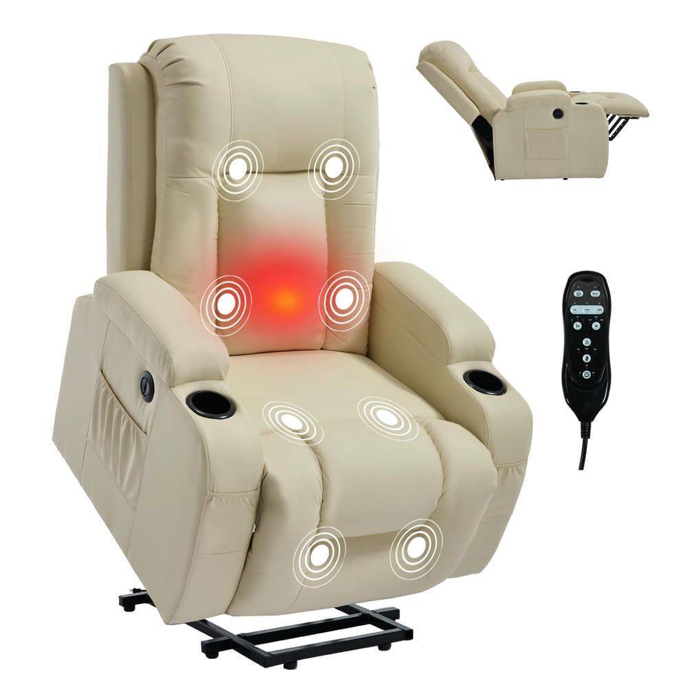 Alt View 1. Kadyn - Power Lift Recliner Chair, 8-Point Massage & Heat, 350lb Capacity, USB Port, Cup Holders, Beige - Beige.