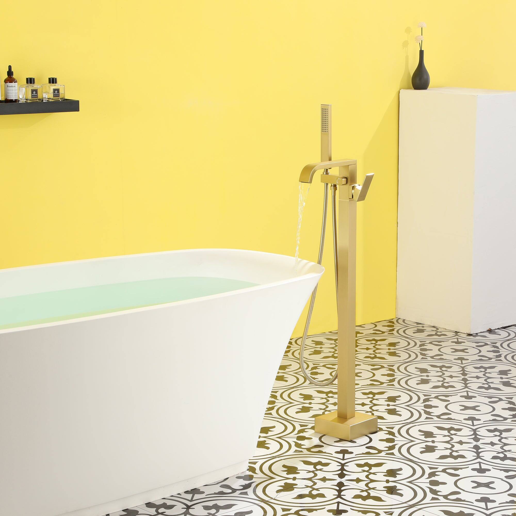 Alt View 4. Boyel Living - Freestanding Floor Mount Single Handle Bath Tub Filler Faucet with Handheld Shower in Brushed Gold - Brushed Gold.