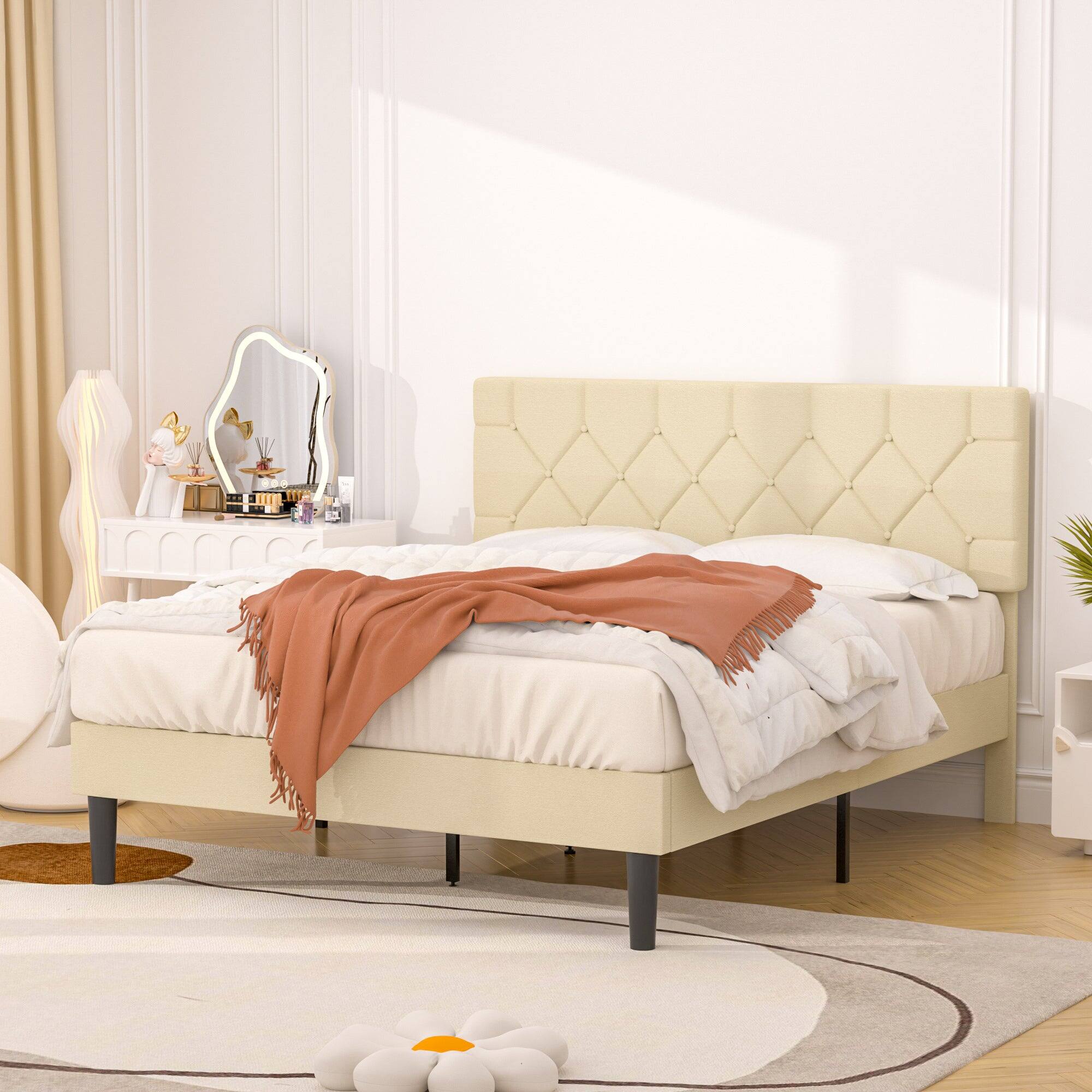 Alt View 2. Vecelo - Full Size Bed Frame with Button Tufted Headboard,Upholstered Platform Bedframe with Wood Slat Support - Beige.