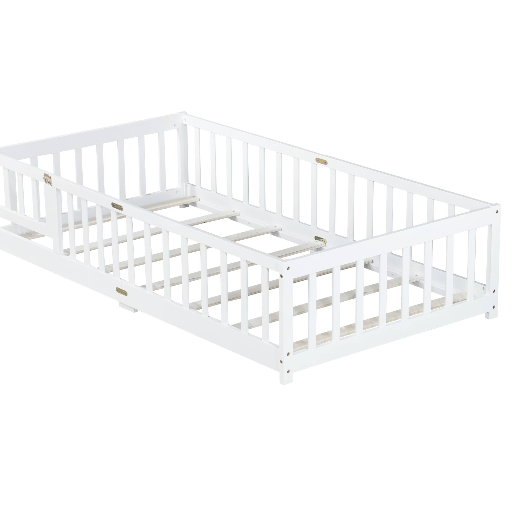 Angle. GOODSILO - Twin Size Floor Bed with Safety Fence and Door for Kids, Sturdy Rubber Wood Construction - White.