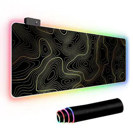 Front. Fabibe - Mouse Pad Keyboard Mouse 12 RGB RGB USB Desk Large Gaming Mousepad Black Line Design Home Office (black With Topographic - Black With Gold Topographic Line.