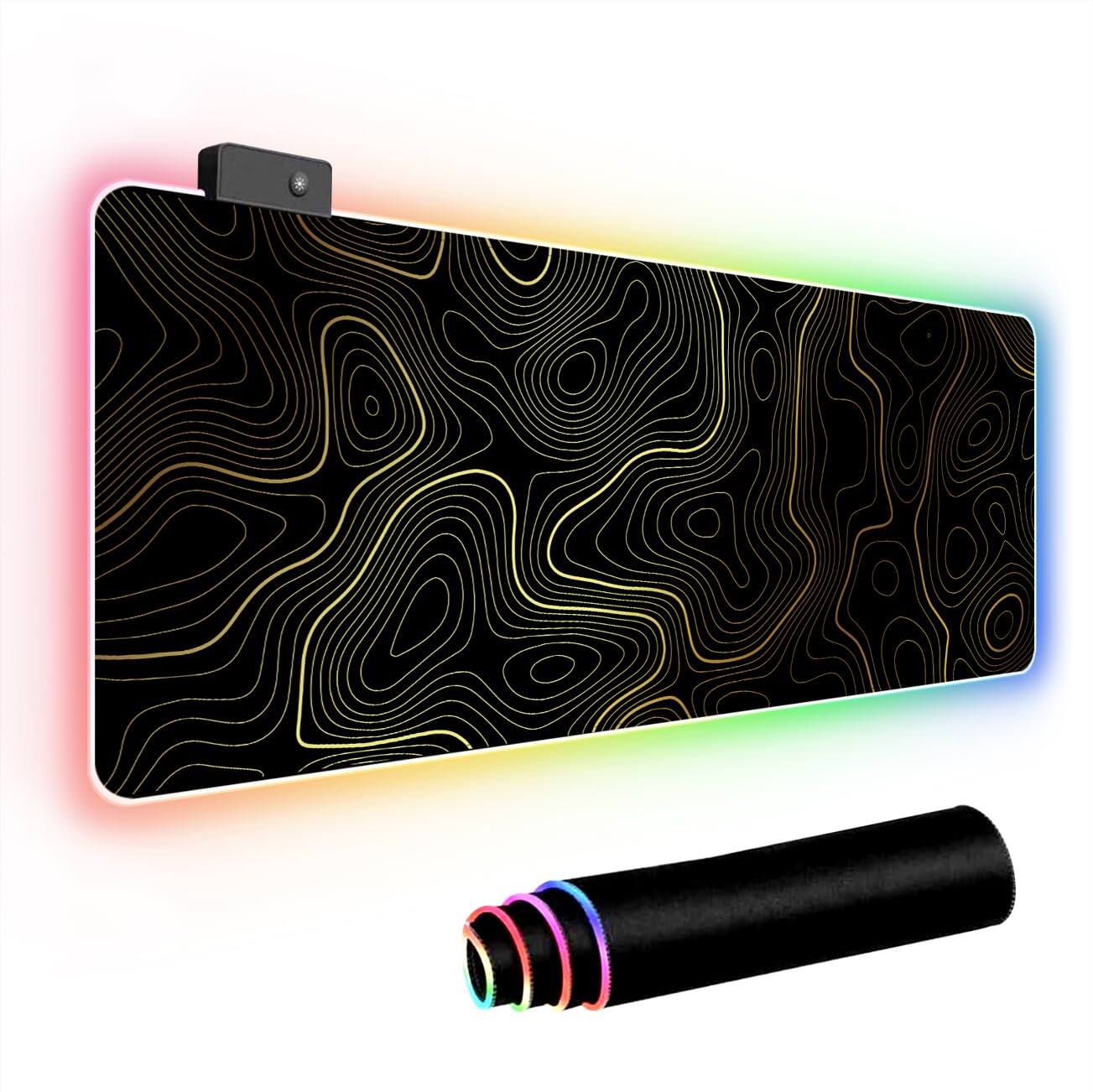 Front. Fabibe - Mouse Pad Keyboard Mouse 12 RGB RGB USB Desk Large Gaming Mousepad Black Line Design Home Office (black With Topographic - Black With Gold Topographic Line.