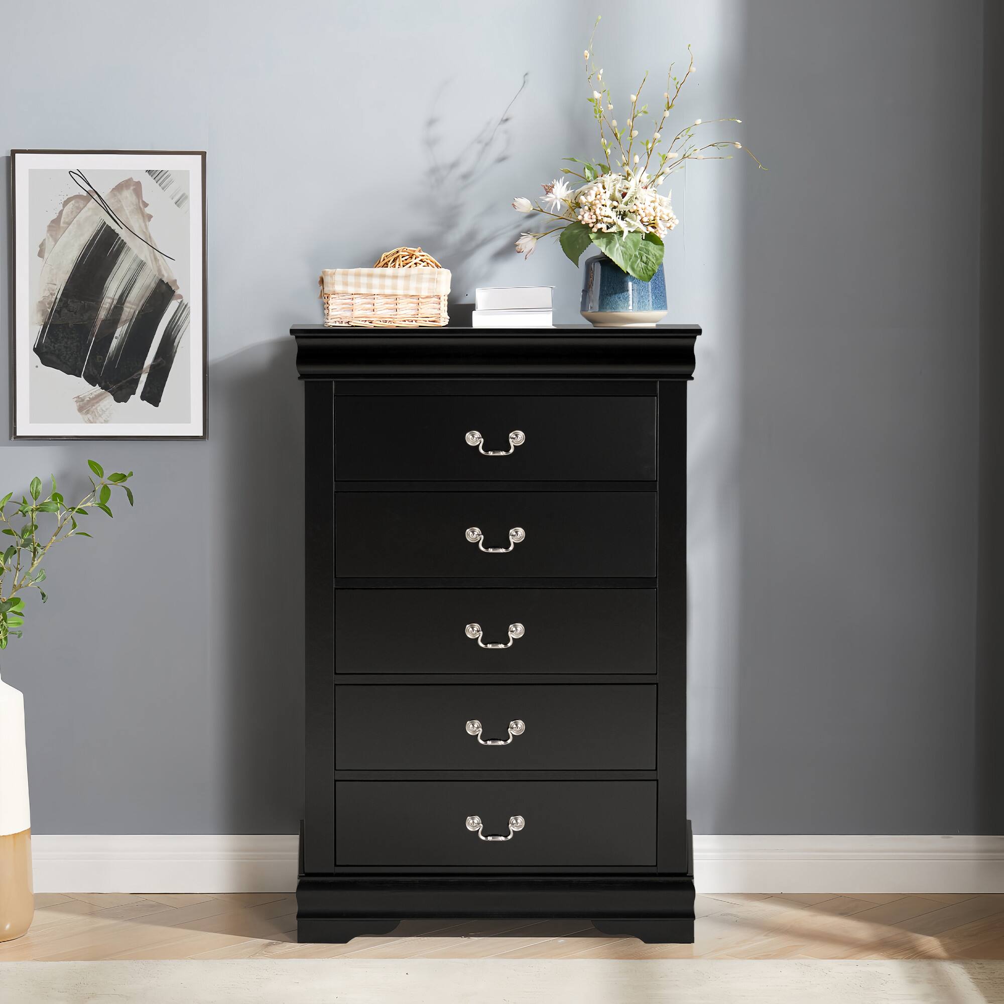 Left. Vaczon - Solid Wood Dressing Chest Multi‑Drawer Dresser Cabinet English Dovetail for Bedroom, Closet & Hallway Storage - Black.