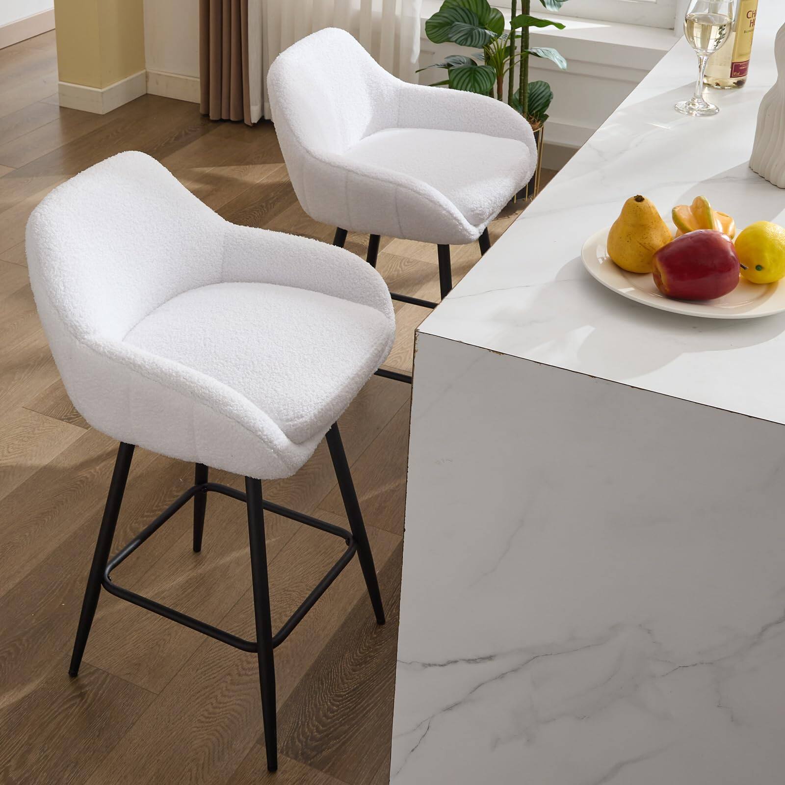 Left. Jojoka - Modern Swivel Bar Stools Set of 2, 26" Counter Height Bar Stools for Kitchen Island, Upholstered Sherpa Fabric - White.