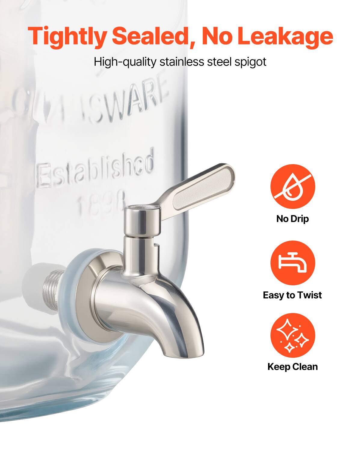 Tightly Sealed, No Leakage  
High-quality stainless steel spigot  

- No Drip  
- Easy to Twist  
- Keep Clean  

Established 1890
