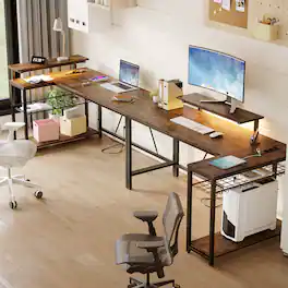 Bestier - L-Shaped Computer Desk with LED Lights - Brown