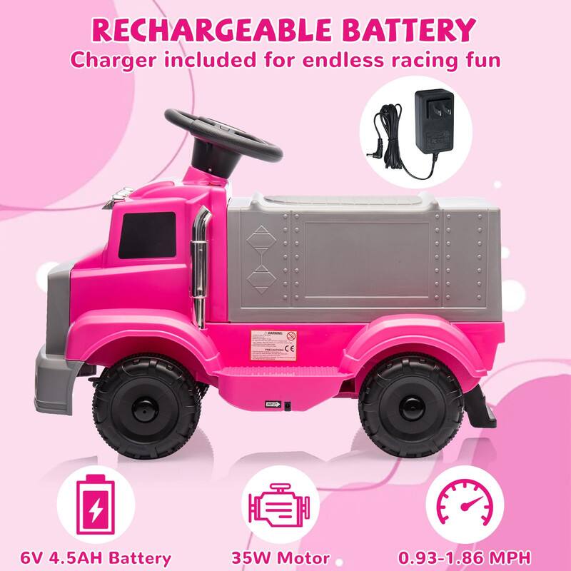 RECHARGEABLE BATTERY  
Charger included for endless racing fun  

6V 4.5AH Battery  
35W Motor  
0.93-1.86 MPH