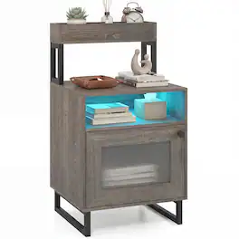 Costway - 1 PCS Nightstand with LED Lights, Modern End Table with Top Tray, Open Compartment - Gray