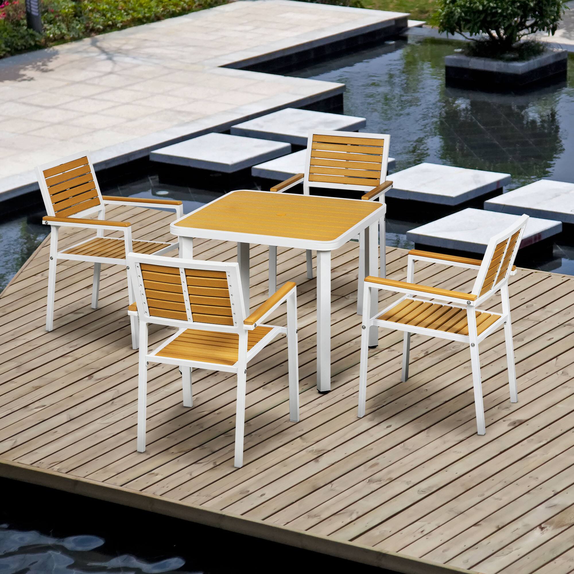Alt View 1. Outsunny - 5 Piece Patio Dining Set for 4 with Umbrella Hole, Waterproof HDPE Outdoor Table and Chairs - Yellow.