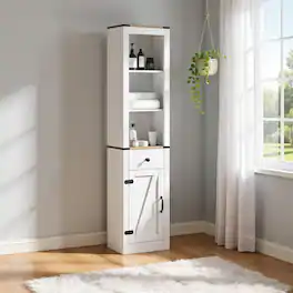 Pefilos - 68 Inch Tall Bathroom Cabinet, Barn Door Narrow Storage, Drawer Adjustable Shelves, Natural - White