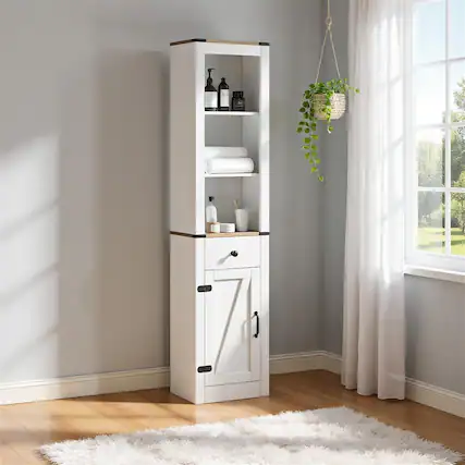 Front. Pefilos - 68 Inch Tall Bathroom Cabinet, Barn Door Narrow Storage, Drawer Adjustable Shelves, White & Natural - White.