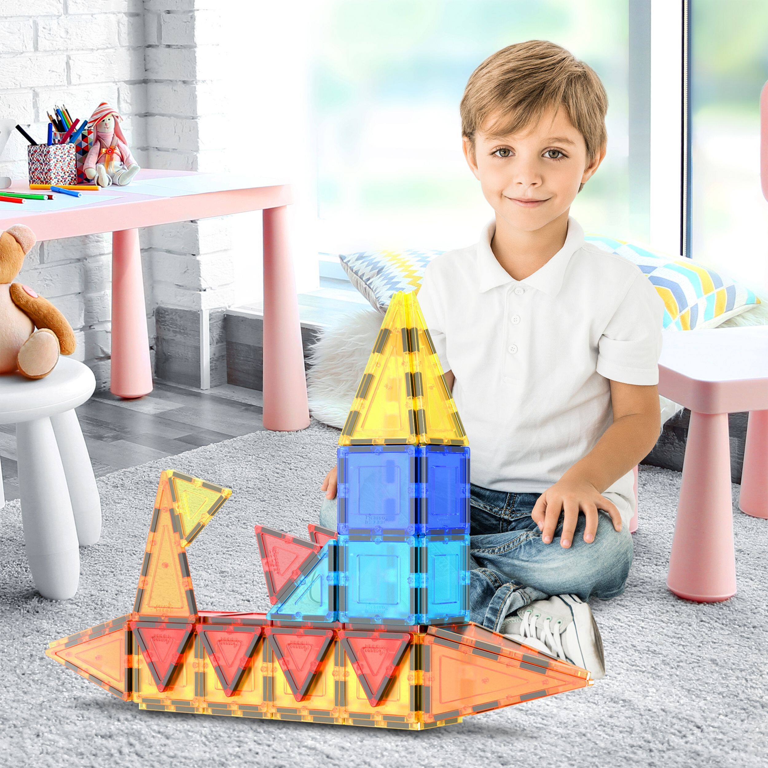 Alt View 2. PicassoTiles - PICASSO-TILES Magnetic Tiles, Construction STEM Building Blocks Set, Educational Toy for Kids, 60PCS - Multicolor.