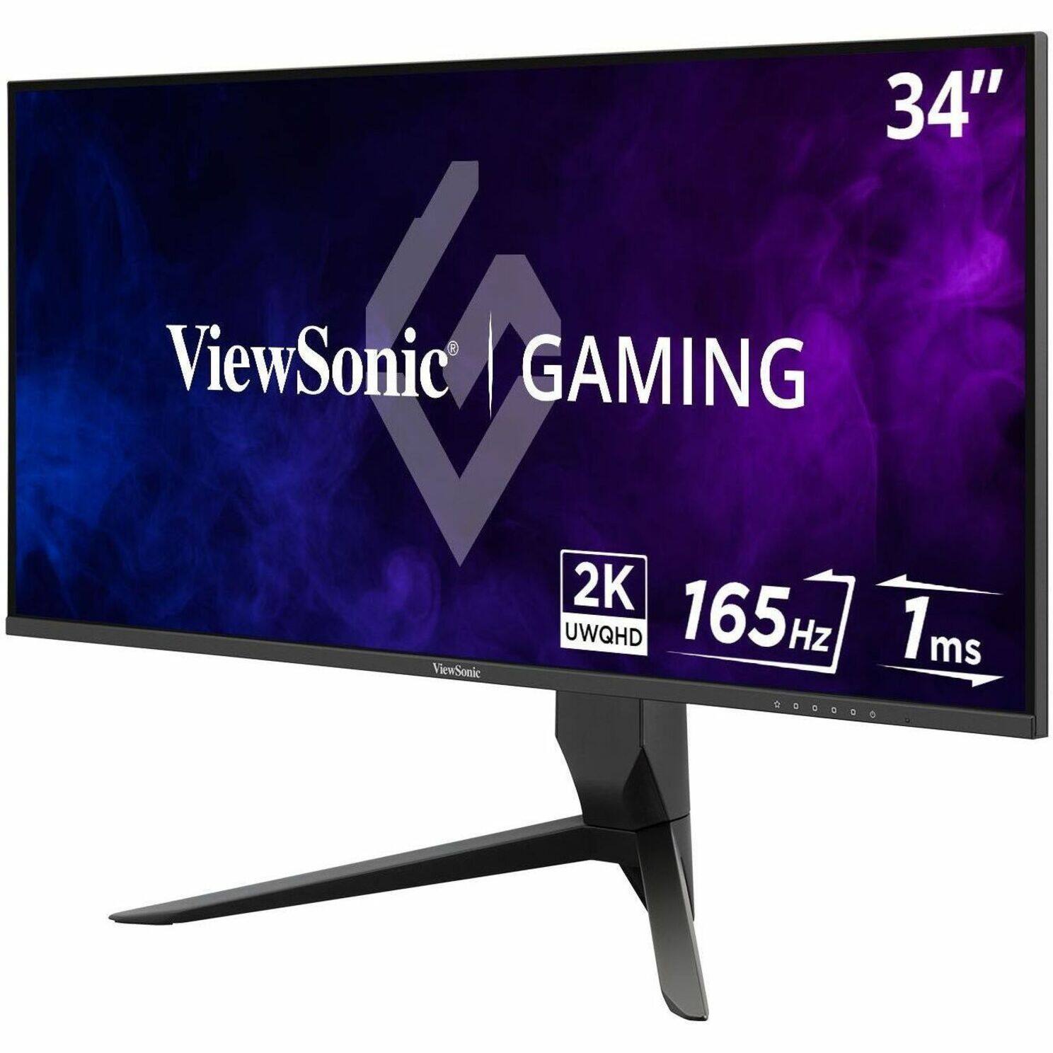 The text on the image reads: "34" ViewSonic GAMING 2K UWQHD 165Hz 1ms 1ms ViewSonic."